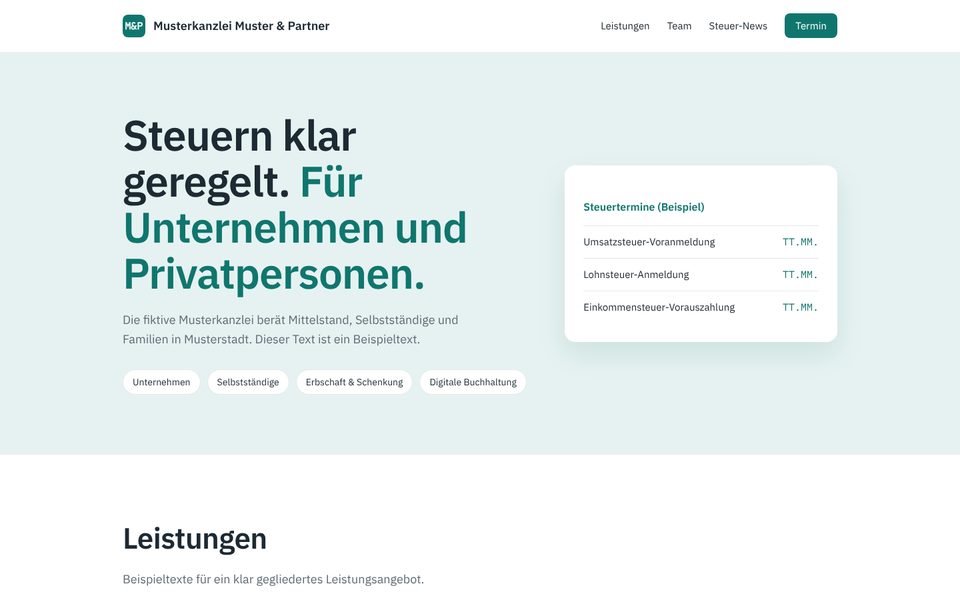 Beispiel-Website der fiktiven Musterkanzlei Muster & Partner